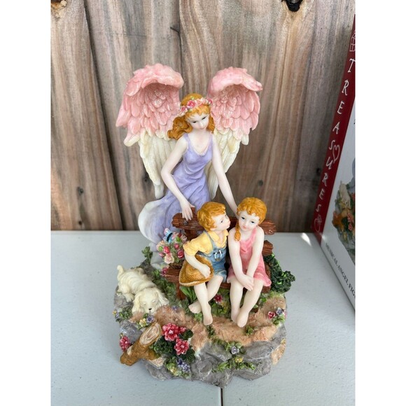 Treasures Musical Angel Figurine Puppy Kids on Bench - Picture 9 of 9